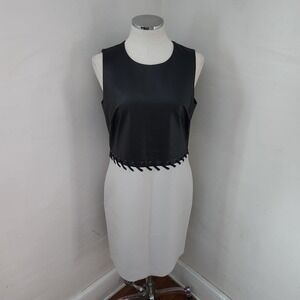 Per Se Black Leather & Beige Sheath Dress Lace Up Detail US 10